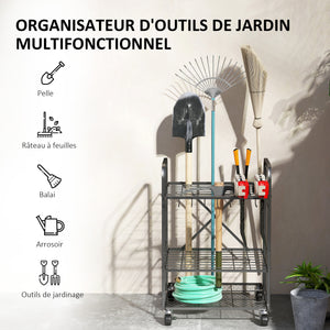 Organisateur d'outils de jardin avec 9 crochets, support à outils de jardin 40 compartiments, porte-outils de garage en métal sur roulettes pour sécateurs, pelles, râteaux, noir