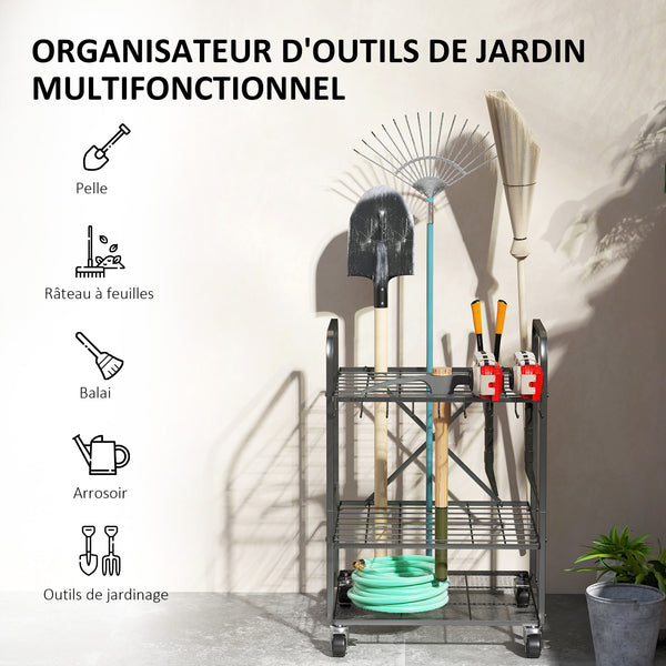 Organisateur d'outils de jardin avec 9 crochets, support à outils de jardin 40 compartiments, porte-outils de garage en métal sur roulettes pour sécateurs, pelles, râteaux, noir