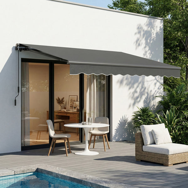 Store banne manuel 3,5x3m, auvent rétractable inclinaison réglable, manivelle, aluminium et polyester 280 g/m² protection UV résistance à l'eau, pour patio, balcon, terrasse, gris foncé
