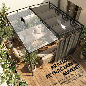 Pergola de Jardin 3x3m en Métal Robuste avec Toit Rétractable et Rideaux - Tonnelle de Terrasse avec Système de Poulie - 9m² Abri Extérieur Stable pour Salon de Jardin Gris Anthracite