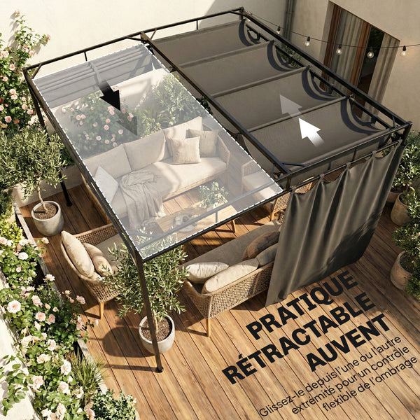 Pergola de Jardin 3x3m en Métal Robuste avec Toit Rétractable et Rideaux - Tonnelle de Terrasse avec Système de Poulie - 9m² Abri Extérieur Stable pour Salon de Jardin Gris Anthracite