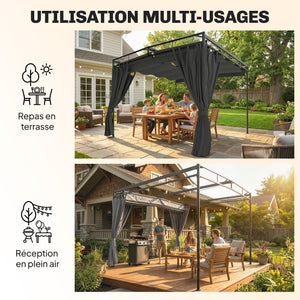 Pergola de Jardin 3x3m en Métal Robuste avec Toit Rétractable et Rideaux - Tonnelle de Terrasse avec Système de Poulie - 9m² Abri Extérieur Stable pour Salon de Jardin Gris Anthracite