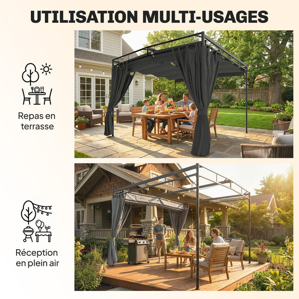 Pergola de Jardin 3x3m en Métal Robuste avec Toit Rétractable et Rideaux - Tonnelle de Terrasse avec Système de Poulie - 9m² Abri Extérieur Stable pour Salon de Jardin Gris Anthracite