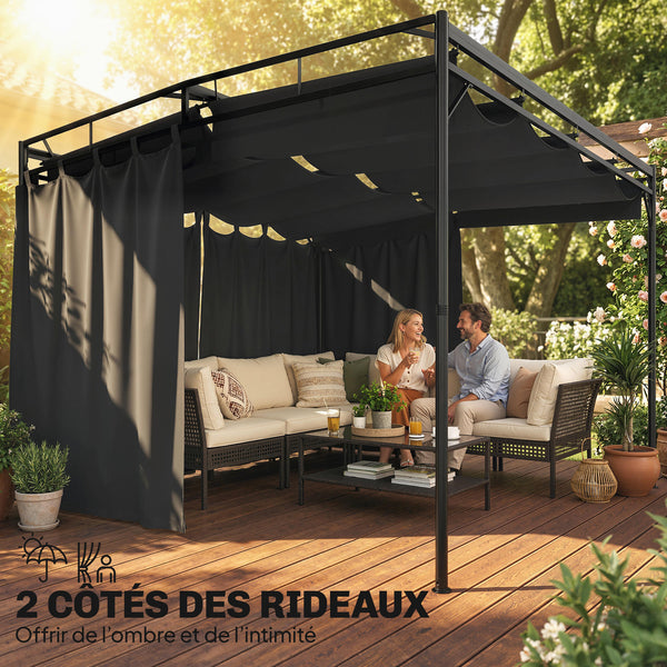 Pergola de Jardin 3x3m en Métal Robuste avec Toit Rétractable et Rideaux - Tonnelle de Terrasse avec Système de Poulie - 9m² Abri Extérieur Stable pour Salon de Jardin Gris Anthracite