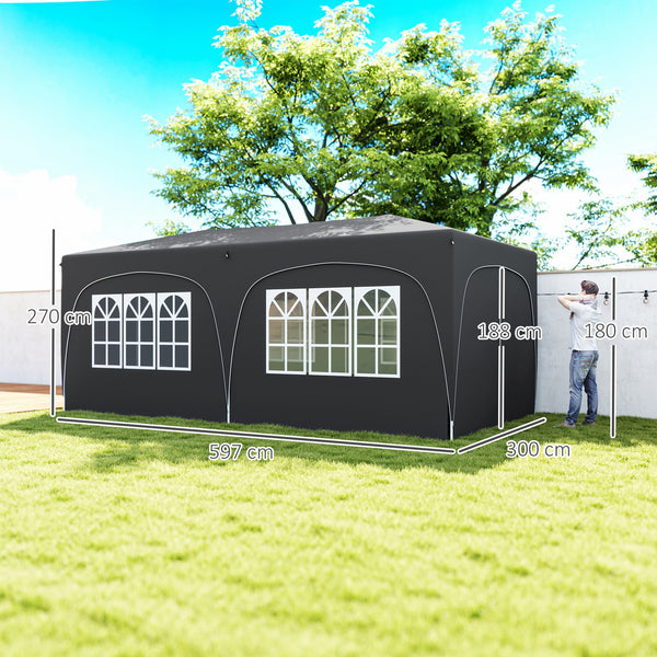 Tonnelle de jardin extérieure 3 x 6 m, tonnelle pliante pop up, hauteur réglable, sac de transport et sacs de sable, protection UPF50+, barnum pliant pour camping, festival, patio, gris foncé