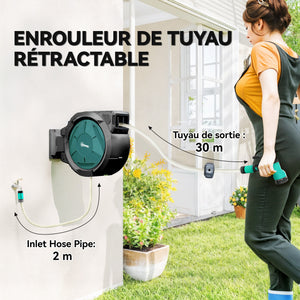 Enrouleur Tuyau Arrosage Mural 25 m x Ø 15 mm, Dévidoir Automatique de Tuyaux d'Eau Rétractable Automatique Pivotant à 180°, Buse à 7 Modes, pour Jardin et Lavage de Voiture, Noir