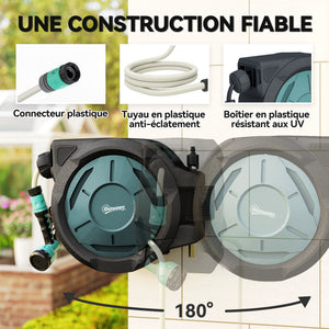 Enrouleur Tuyau Arrosage Mural 25 m x Ø 15 mm, Dévidoir Automatique de Tuyaux d'Eau Rétractable Automatique Pivotant à 180°, Buse à 7 Modes, pour Jardin et Lavage de Voiture, Noir