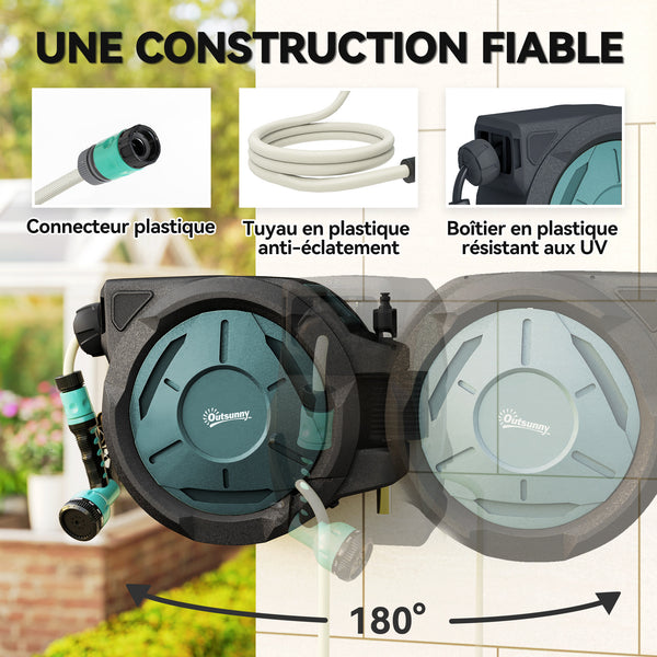 Enrouleur Tuyau Arrosage Mural 25 m x Ø 15 mm, Dévidoir Automatique de Tuyaux d'Eau Rétractable Automatique Pivotant à 180°, Buse à 7 Modes, pour Jardin et Lavage de Voiture, Noir