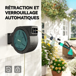 Enrouleur Tuyau Arrosage Mural 25 m x Ø 15 mm, Dévidoir Automatique de Tuyaux d'Eau Rétractable Automatique Pivotant à 180°, Buse à 7 Modes, pour Jardin et Lavage de Voiture, Noir