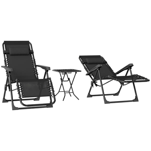 Lot de 2 chaise longue gravité zéro - ensemble transat 3 pièces avec table d'appoint et porte-gobelets - bain de soleil pliable, dossier réglable et appui-tête pour terrasse, piscine, noir