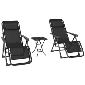 Lot de 2 chaise longue gravité zéro - ensemble transat 3 pièces avec table d'appoint et porte-gobelets - bain de soleil pliable, dossier réglable et appui-tête pour terrasse, piscine, noir
