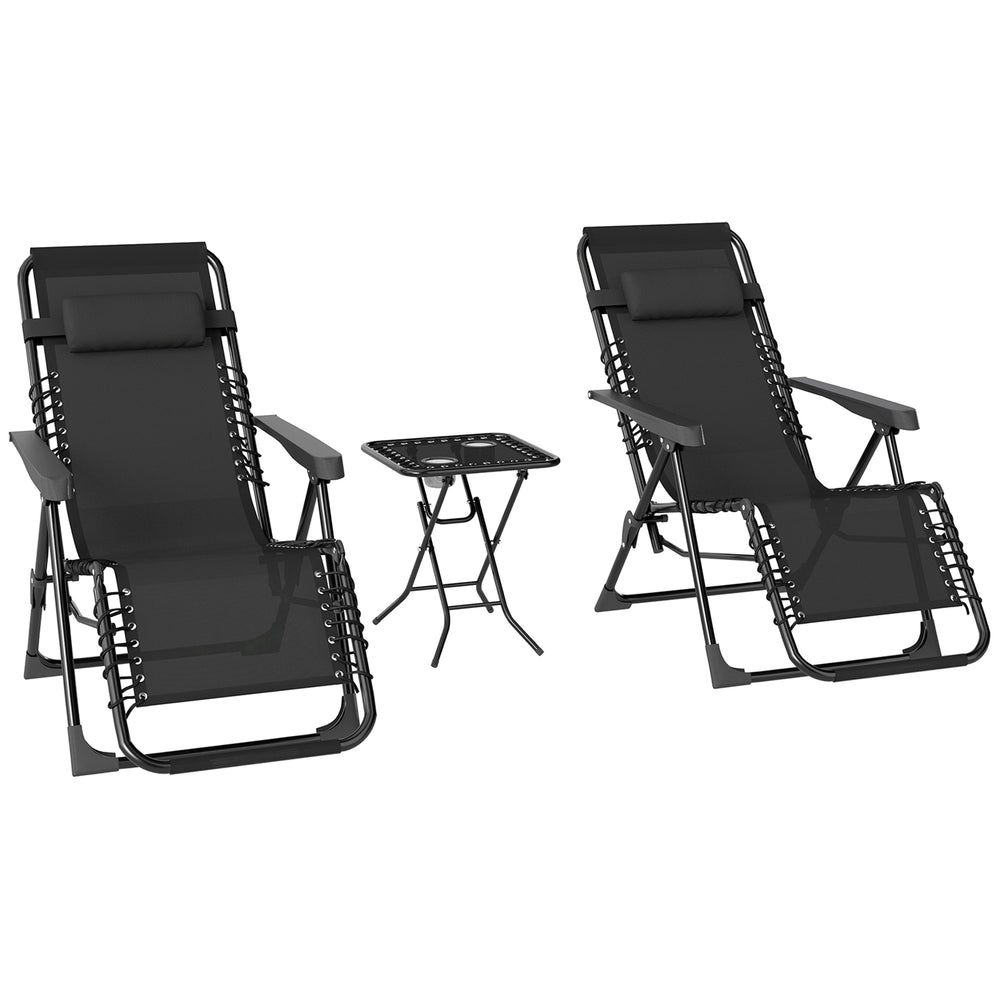 Lot de 2 chaise longue gravité zéro - ensemble transat 3 pièces avec table d'appoint et porte-gobelets - bain de soleil pliable, dossier réglable et appui-tête pour terrasse, piscine, noir