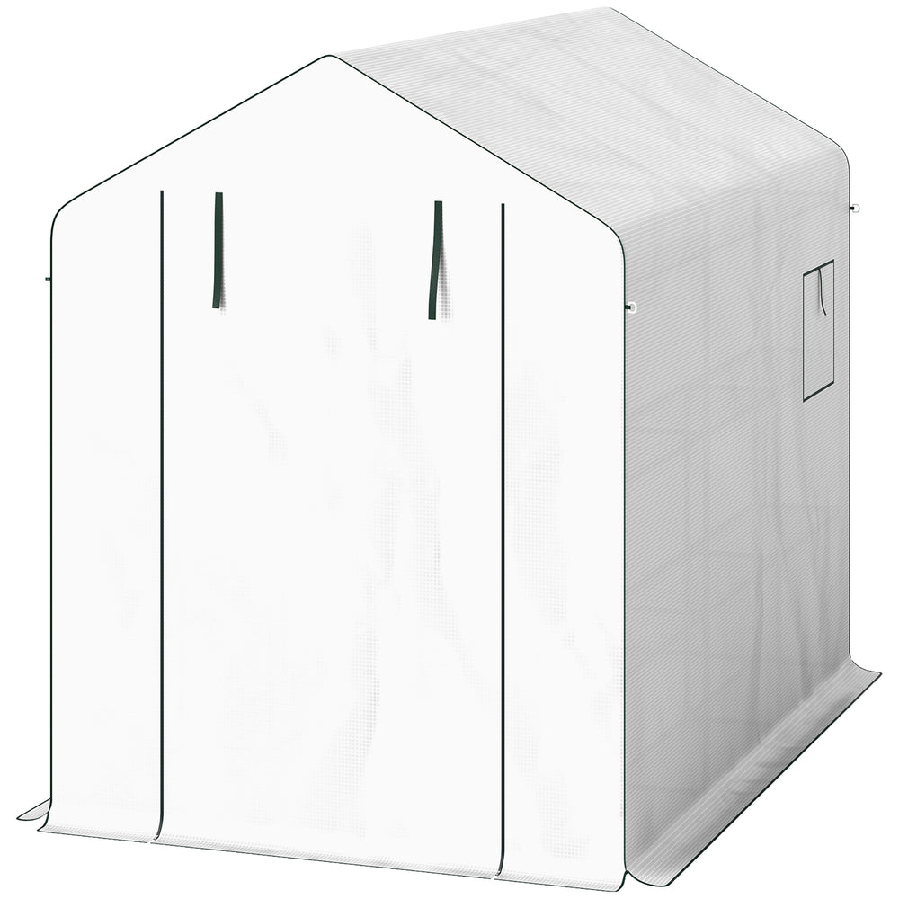 Serre de jardin PE avec étagères 3 niveaux, serre d'extérieur avec bâche renforcée 135 g/m² anti-UV, châssis en acier, portes zippées enroulables et fenêtres en maille, 143x215x190cm, blanc