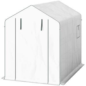 Serre de jardin PE avec étagères 3 niveaux, serre d'extérieur avec bâche renforcée 135 g/m² anti-UV, châssis en acier, portes zippées enroulables et fenêtres en maille, 143x215x190cm, blanc