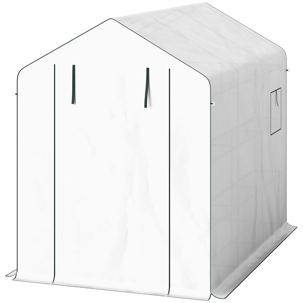 Serre de jardin PE avec étagères 3 niveaux, serre d'extérieur avec bâche renforcée 135 g/m² anti-UV, châssis en acier, portes zippées enroulables et fenêtres en maille, 143x215x190cm, blanc