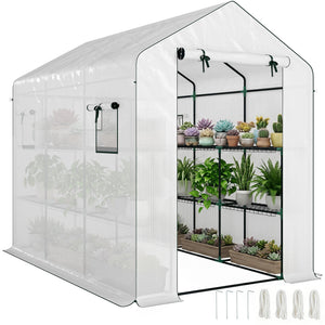 Serre de jardin PE avec étagères 3 niveaux, serre d'extérieur avec bâche renforcée 135 g/m² anti-UV, châssis en acier, portes zippées enroulables et fenêtres en maille, 143x215x190cm, blanc