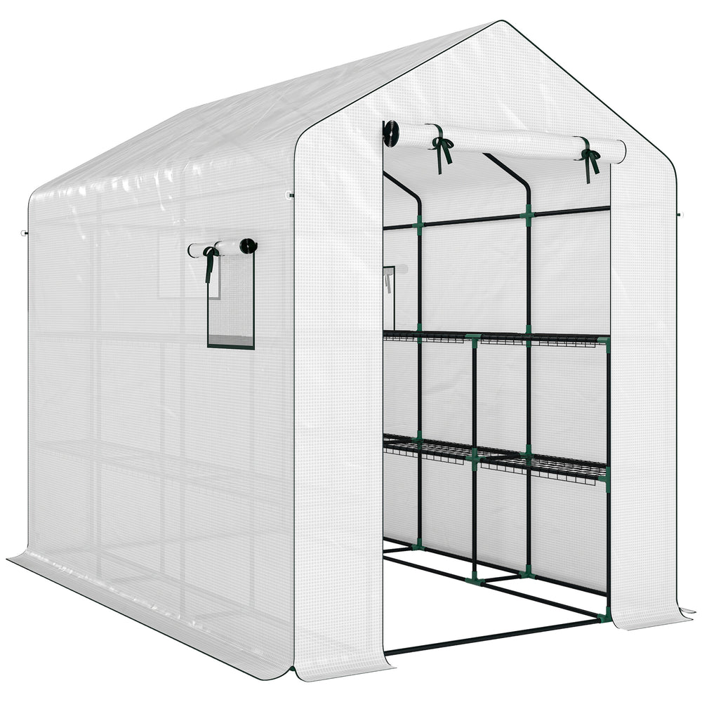 Serre de jardin PE avec étagères 3 niveaux, serre d'extérieur avec bâche renforcée 135 g/m² anti-UV, châssis en acier, portes zippées enroulables et fenêtres en maille, 143x215x190cm, blanc