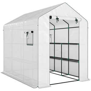 Serre de jardin PE avec étagères 3 niveaux, serre d'extérieur avec bâche renforcée 135 g/m² anti-UV, châssis en acier, portes zippées enroulables et fenêtres en maille, 143x215x190cm, blanc