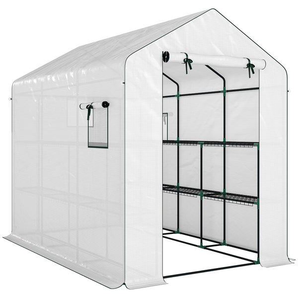 Serre de jardin PE avec étagères 3 niveaux, serre d'extérieur avec bâche renforcée 135 g/m² anti-UV, châssis en acier, portes zippées enroulables et fenêtres en maille, 143x215x190cm, blanc