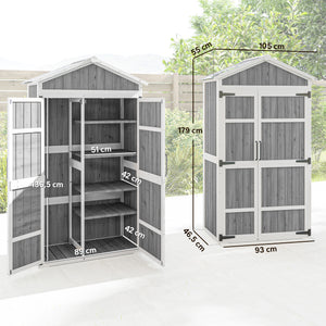 Armoire de Jardin en Bois - Abri de Jardin Extérieur Étanche avec Toit en Métal - Meuble de Rangement Terrasse à Double Porte pour Outils de Jardinage 105x55x179cm, Blanc et Gris