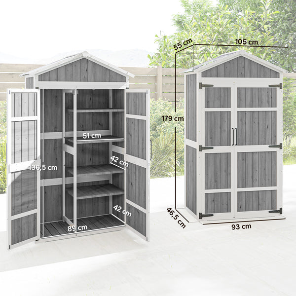 Armoire de Jardin en Bois - Abri de Jardin Extérieur Étanche avec Toit en Métal - Meuble de Rangement Terrasse à Double Porte pour Outils de Jardinage 105x55x179cm, Blanc et Gris