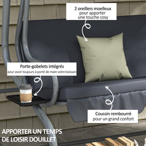 Balancelle de Jardin 3 Places Convertible Toit Inclinaison réglable 2 tablettes Support 2L x 1,2l x 1,64H m métal époxy Noir Polyester Gris