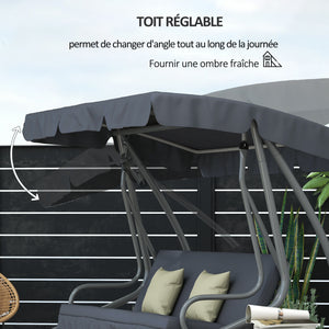 Balancelle de Jardin 3 Places Convertible Toit Inclinaison réglable 2 tablettes Support 2L x 1,2l x 1,64H m métal époxy Noir Polyester Gris
