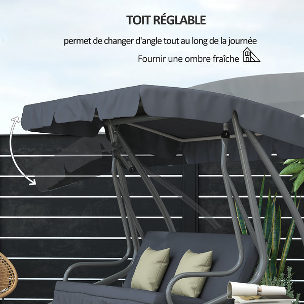 Balancelle de Jardin 3 Places Convertible Toit Inclinaison réglable 2 tablettes Support 2L x 1,2l x 1,64H m métal époxy Noir Polyester Gris