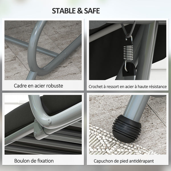 Balancelle de Jardin 3 Places Convertible Toit Inclinaison réglable 2 tablettes Support 2L x 1,2l x 1,64H m métal époxy Noir Polyester Gris
