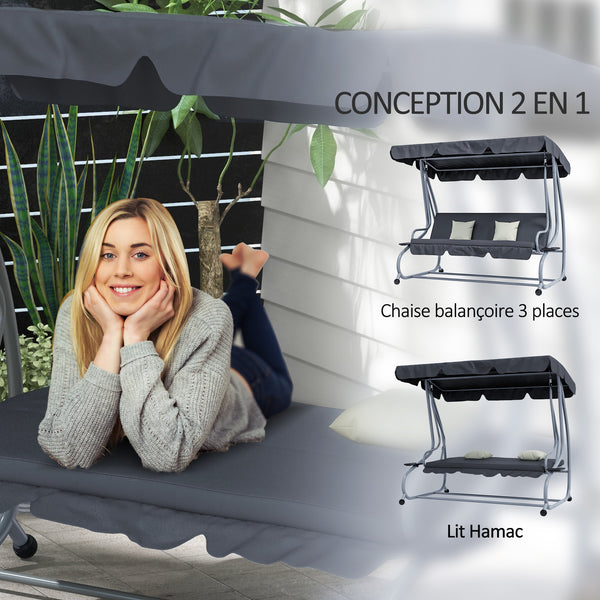 Balancelle de Jardin 3 Places Convertible Toit Inclinaison réglable 2 tablettes Support 2L x 1,2l x 1,64H m métal époxy Noir Polyester Gris