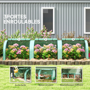 Mini Serre de Jardin Mini Serre Tunnel Serre à Tomates 3,5 x 1 x 0,8 m Acier Plastique Haute Densité Anti-UV 3 Portes avec Zip Enroulables Vert