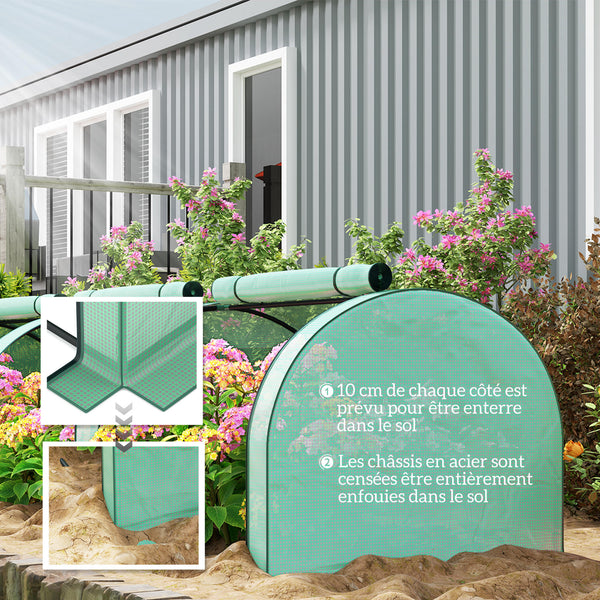 Mini Serre de Jardin Mini Serre Tunnel Serre à Tomates 3,5 x 1 x 0,8 m Acier Plastique Haute Densité Anti-UV 3 Portes avec Zip Enroulables Vert