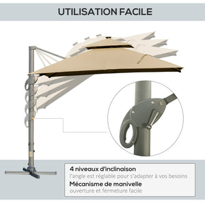 Parasol déporté LED carré double toit inclinable pivotant 360° manivelle piètement acier dim. 3L x 3l x 2,66H m beige