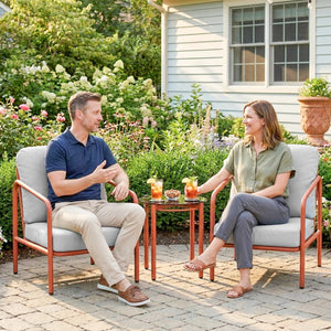 Salon de Jardin 3 Pièces, 2 Fauteuils avec Coussins Amovibles Épais, 1 Table Basse avec Plateau en Verre Trempé, Cadre en Acier, Ensemble de Jardin pour Patio Balcon Terrasse, Rouge Vineux
