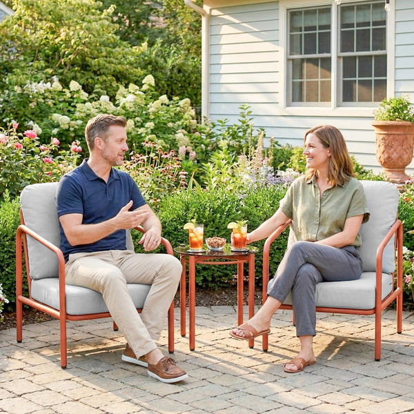 Salon de Jardin 3 Pièces, 2 Fauteuils avec Coussins Amovibles Épais, 1 Table Basse avec Plateau en Verre Trempé, Cadre en Acier, Ensemble de Jardin pour Patio Balcon Terrasse, Rouge Vineux