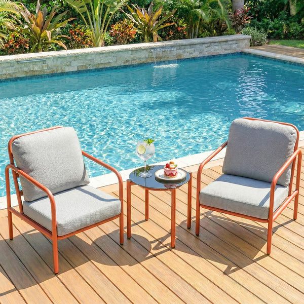 Salon de Jardin 3 Pièces, 2 Fauteuils avec Coussins Amovibles Épais, 1 Table Basse avec Plateau en Verre Trempé, Cadre en Acier, Ensemble de Jardin pour Patio Balcon Terrasse, Rouge Vineux