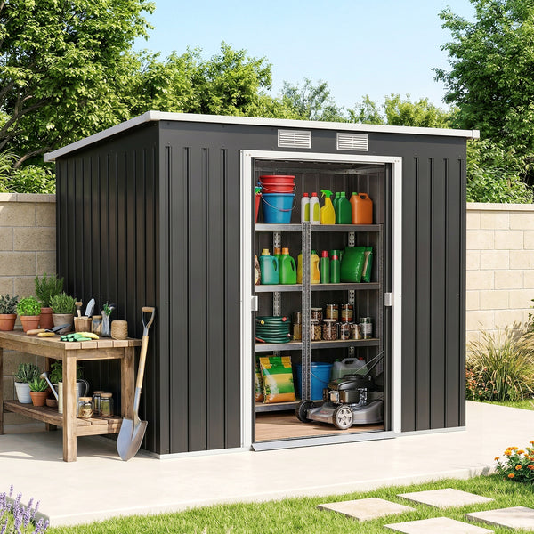 Abri de jardin en acier galvanisé L 2,77 m² avec kit de fondation 213 x 130 x 172 cm, cabane de jardin cabanon rangement outils portes coulissantes verrouillables et aérations, gris foncé