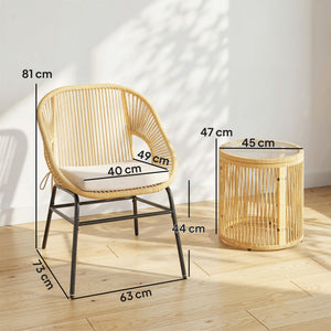 Ensemble bistro en rotin 3 pièces, 2 chaises de jardin, table en verre, coussins lavables, ensemble ergonomique pour balcon, salon de jardin pour jardin, terrasse, beige