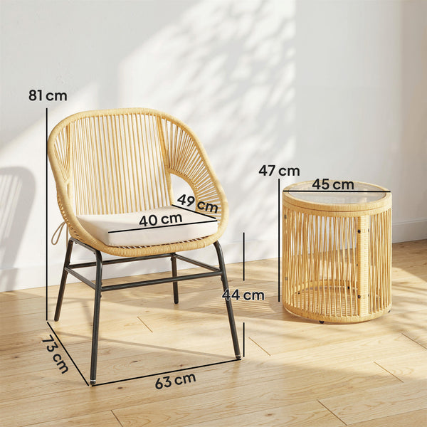 Ensemble bistro en rotin 3 pièces, 2 chaises de jardin, table en verre, coussins lavables, ensemble ergonomique pour balcon, salon de jardin pour jardin, terrasse, beige