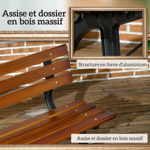 Banc de jardin extérieur 2 places en aluminium et lattes de bois, dim. 120L x 57l x 70H cm