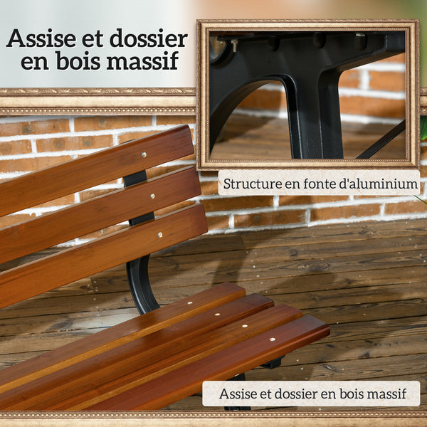 Banc de jardin extérieur 2 places en aluminium et lattes de bois, dim. 120L x 57l x 70H cm