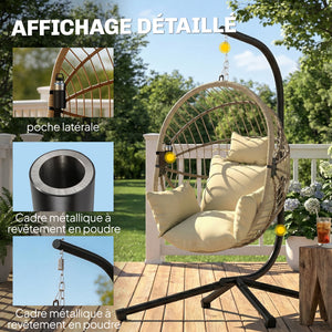 Fauteuil Suspendu, Fauteuil Œuf Suspendu, Chaise Hamac Balançoire - Panier Pliable, Coussin Rembourré, Poche, Oreiller, Chaise Suspendue Cocooning Intérieur et Extérieur, Kaki