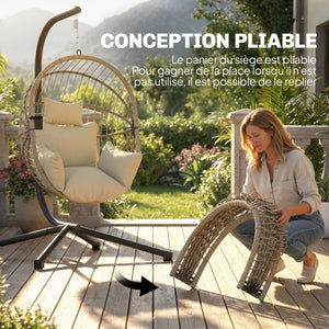 Fauteuil Suspendu, Fauteuil Œuf Suspendu, Chaise Hamac Balançoire - Panier Pliable, Coussin Rembourré, Poche, Oreiller, Chaise Suspendue Cocooning Intérieur et Extérieur, Kaki