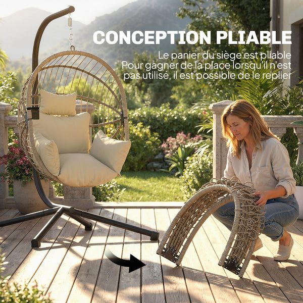 Fauteuil Suspendu, Fauteuil Œuf Suspendu, Chaise Hamac Balançoire - Panier Pliable, Coussin Rembourré, Poche, Oreiller, Chaise Suspendue Cocooning Intérieur et Extérieur, Kaki