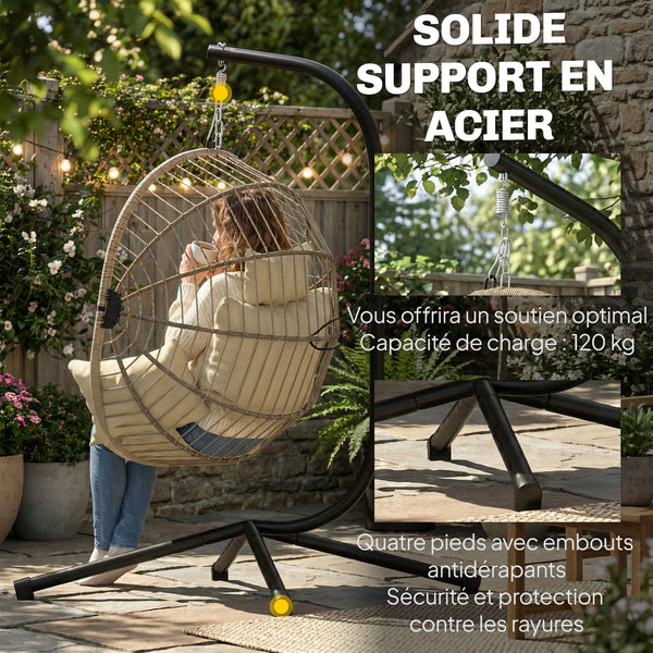 Fauteuil Suspendu, Fauteuil Œuf Suspendu, Chaise Hamac Balançoire - Panier Pliable, Coussin Rembourré, Poche, Oreiller, Chaise Suspendue Cocooning Intérieur et Extérieur, Kaki