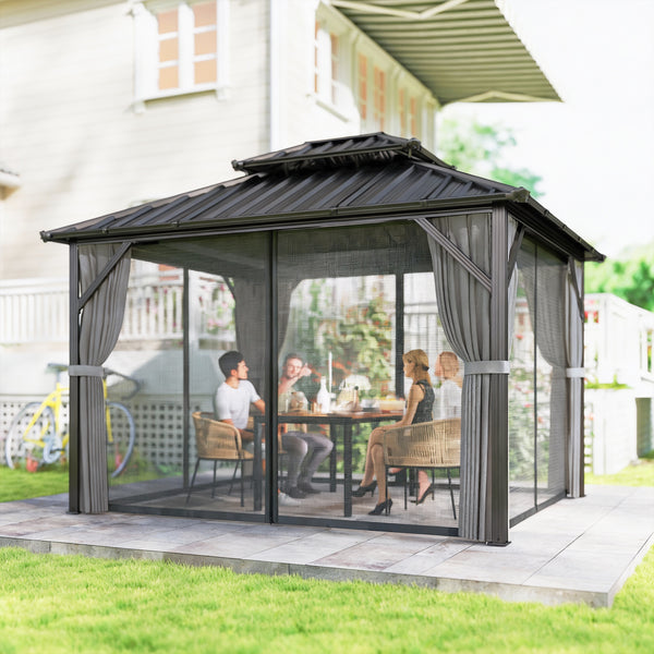 Pavillon 3 x 3,6 m avec Toit Rigide en Acier Galvanisé, Protection UPF50+, Cadre en Aluminium, Rideaux et Moustiquaire, Crochet de Plafond, Gris Foncé