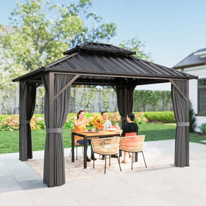 Pavillon 3 x 3,6 m avec Toit Rigide en Acier Galvanisé, Protection UPF50+, Cadre en Aluminium, Rideaux et Moustiquaire, Crochet de Plafond, Gris Foncé