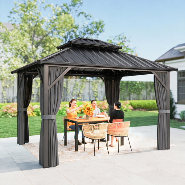 Pavillon 3 x 3,6 m avec Toit Rigide en Acier Galvanisé, Protection UPF50+, Cadre en Aluminium, Rideaux et Moustiquaire, Crochet de Plafond, Gris Foncé