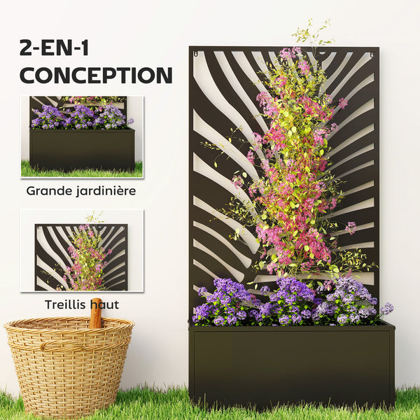 Jardinière avec treillis, bac à fleurs, lit surélevé avec brise-vue, pour plantes grimpantes, légumes, fleurs, métal, pour cour, jardin, balcon, 61 x 23 x 113 cm, noir