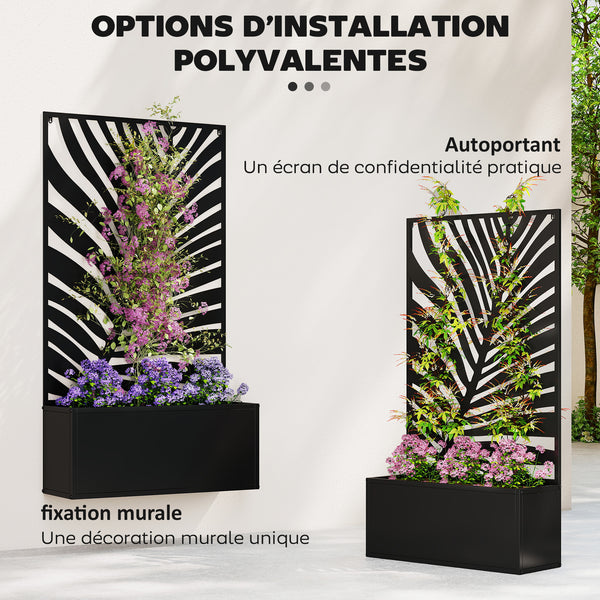 Jardinière avec treillis, bac à fleurs, lit surélevé avec brise-vue, pour plantes grimpantes, légumes, fleurs, métal, pour cour, jardin, balcon, 61 x 23 x 113 cm, noir